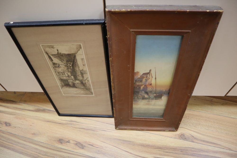 Garmen Morrish, watercolour, Whitby, 38 x 13cm and an etching by F. Robson, 26 x 13cm